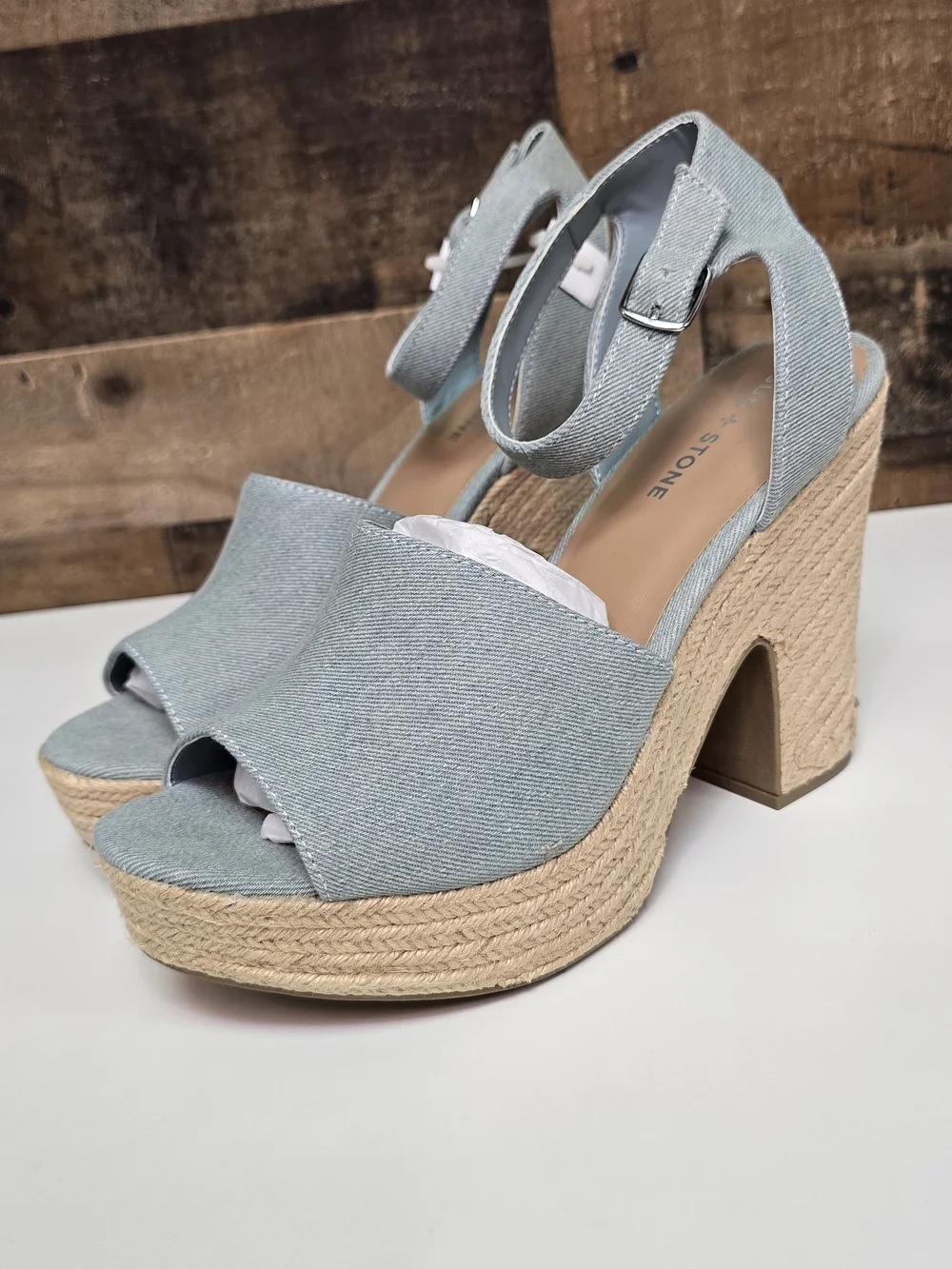Sun + Stone Light Blue Denim Platform Espadrille Sandals